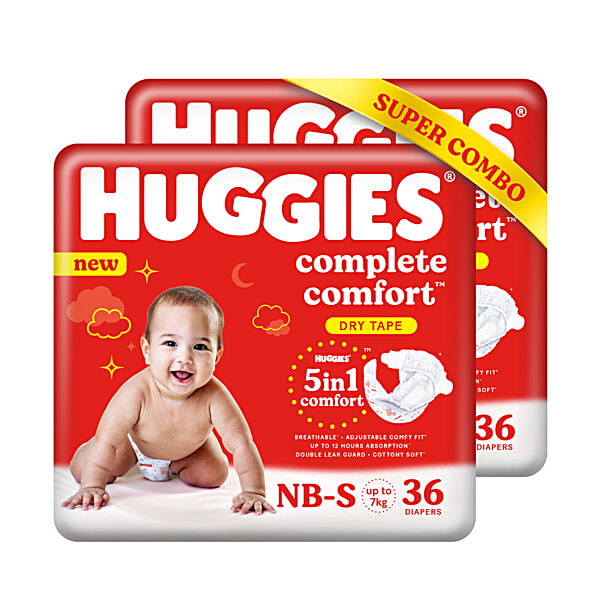 Huggies Huggies Complete Comfort Dry Tape Newborn Small (NB-S) Size Baby  Tape Diapers, Combo Pack of 2, 36 count per pack, 72 count, with in