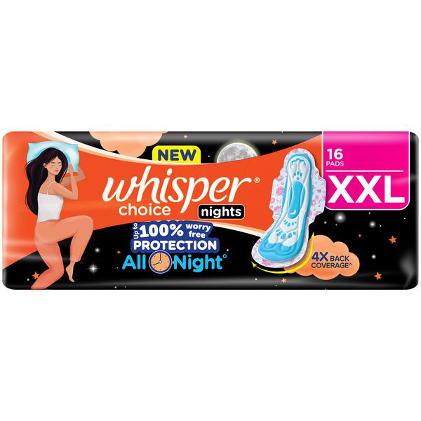 Whisper XXL Plus Sanitary Pads for Women, 16 Count, Wings, Night Use with 4X Back Coverage