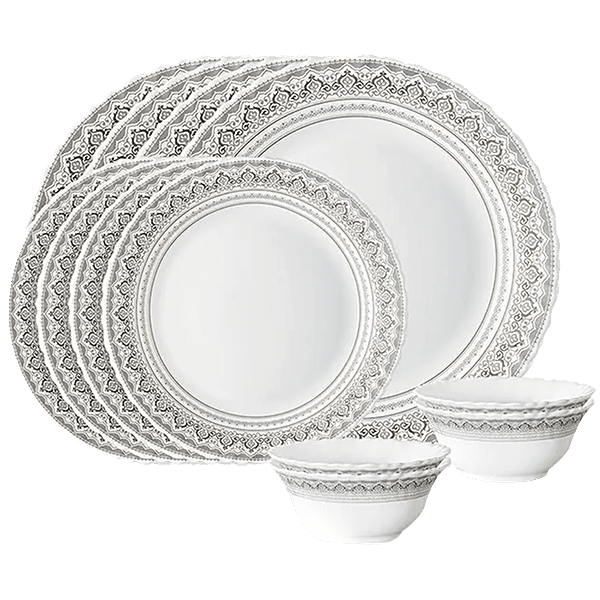 Larah by Borosil Dinner/Crockery Set Opalware, Classic, White, 12 pcs