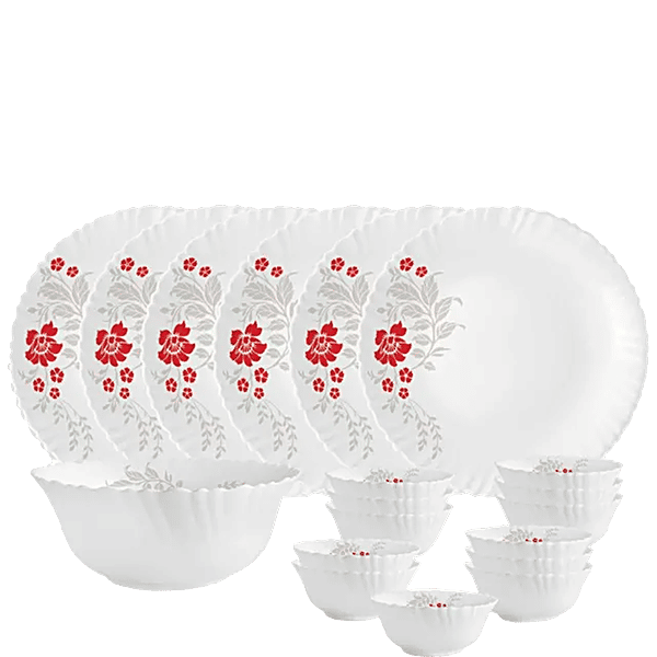 Cello Dinner Set Opalware, Scarlet Bliss, Dazzle, White, 19 pcs