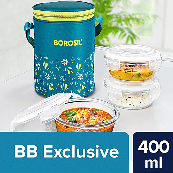 Borosil Grace Round Transparent Glass Tiffin Box With Green Bag, 400 ml
