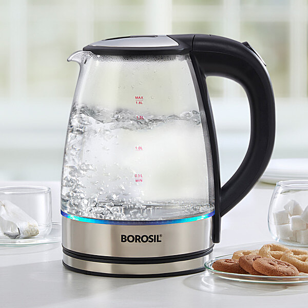 Borosil Electric Glass Kettle With Borosilicate Glass, Extra Long Cord,  Dry-Boil Protection, 360° Rotating Base, Transparent, L