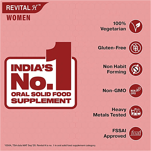 Revital H Woman Tablet With Multivitamins, Calcium, Zinc Natural Ginseng  For Daily Immunity, Strong Bones Energy, 30 pcs