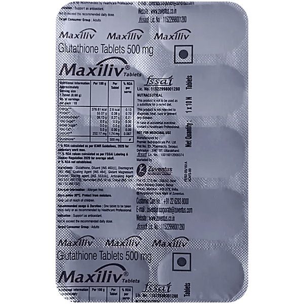 maxiliv glutathione tablets 500mg uses Buy Tablet 10s at 20% savings Online medicine delivery | Order