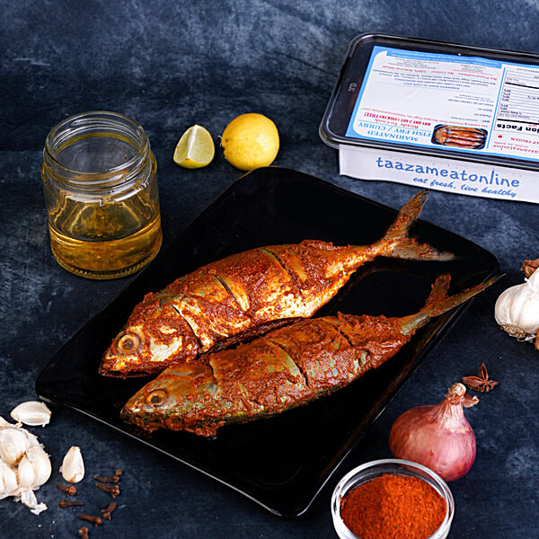 Taazameatonline Spicy Mackerel Fish Fry Curry Mix Full Fish, Marinated,  275 g