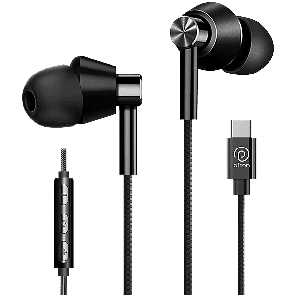 pTron Boom Play X1 In-Ear Type C Wired Headphones with Mic, 13mm Driver,  Cable, In-line Control, Black, pc