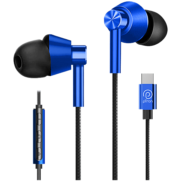 pTron Boom Play X1 In-Ear Type C Wired Headphones with Mic, 13mm Driver,  Cable, In-line Control, Blue, pc