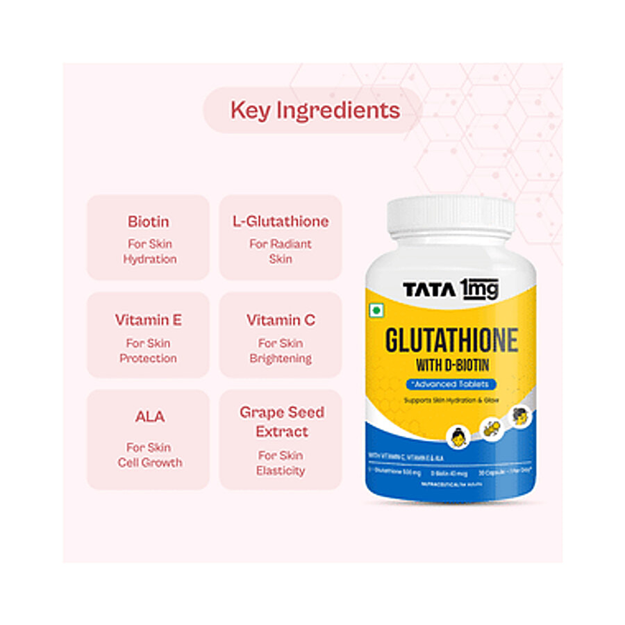 cost of glutathione tablets in india TATA 1MG 1MG Tata Advanced Capsule with Vitamin C E Biotin Grape Seed Extract For Skin Glow Hydration Radiance Pack 30 Health & Personal Care Glutone Tablet| L-Glutathione & Alpha