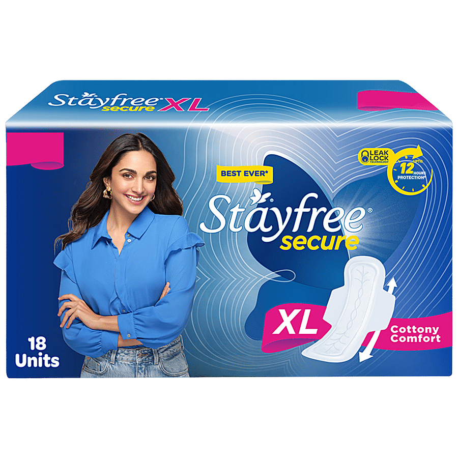 STAYFREE Sanitary Pads - Secure XL Cottony Soft, with Wings, 18 pcs