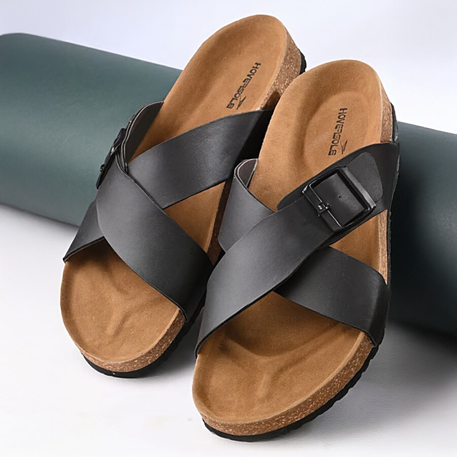 Buy Hoversole Men's Black Cork Cross Strap Sandals Online at Best