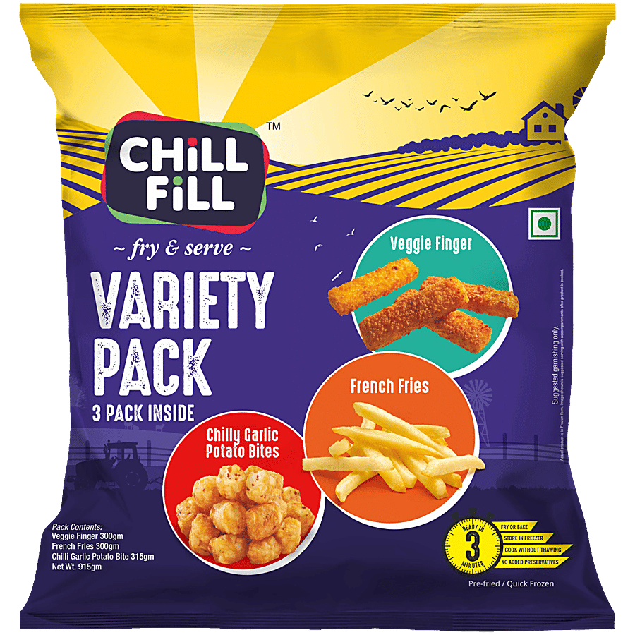 Chillfill Variety Pack - French Fries, Veggie Finger, Chilly Garlic Potato Bites - Frozen Snacks on OZO Mart